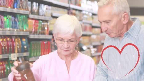 animación de iconos de corazones cayendo sobre una pareja caucásica mayor en la tienda