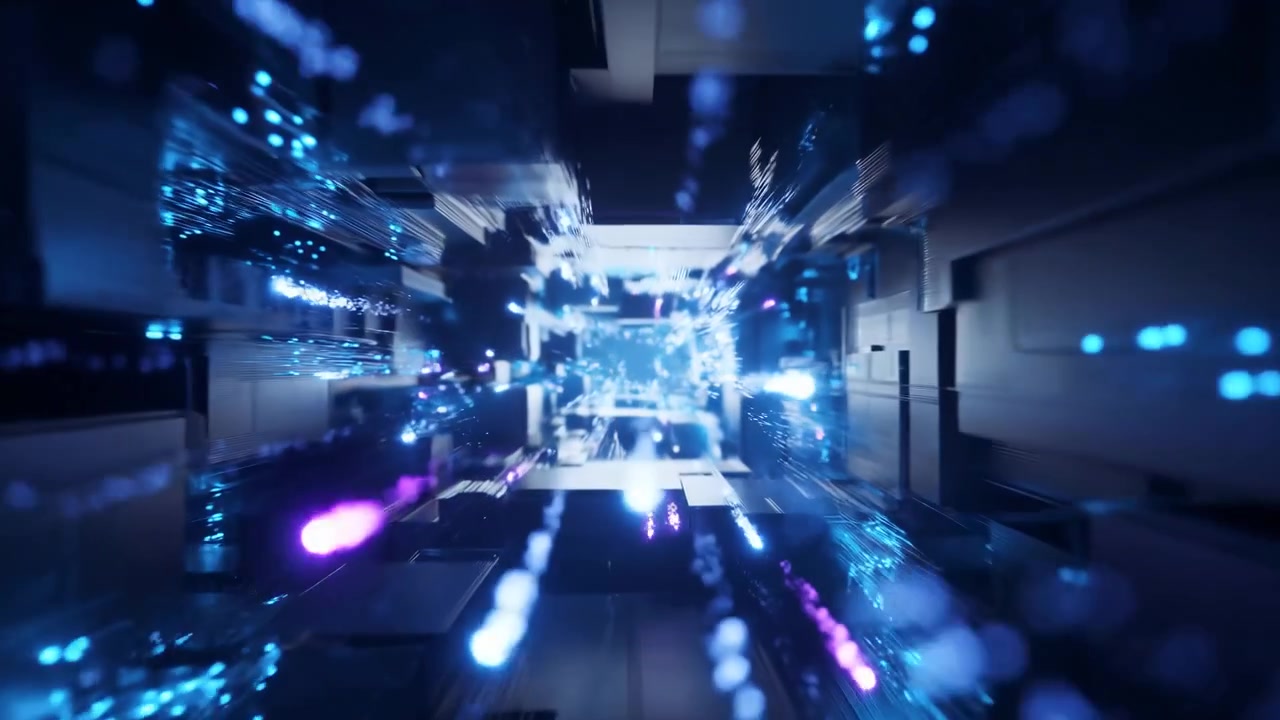 Highspeed Data Tunnel Rushes Forward Through Neon Corridor, Streaking Particles And Glowing Points Create