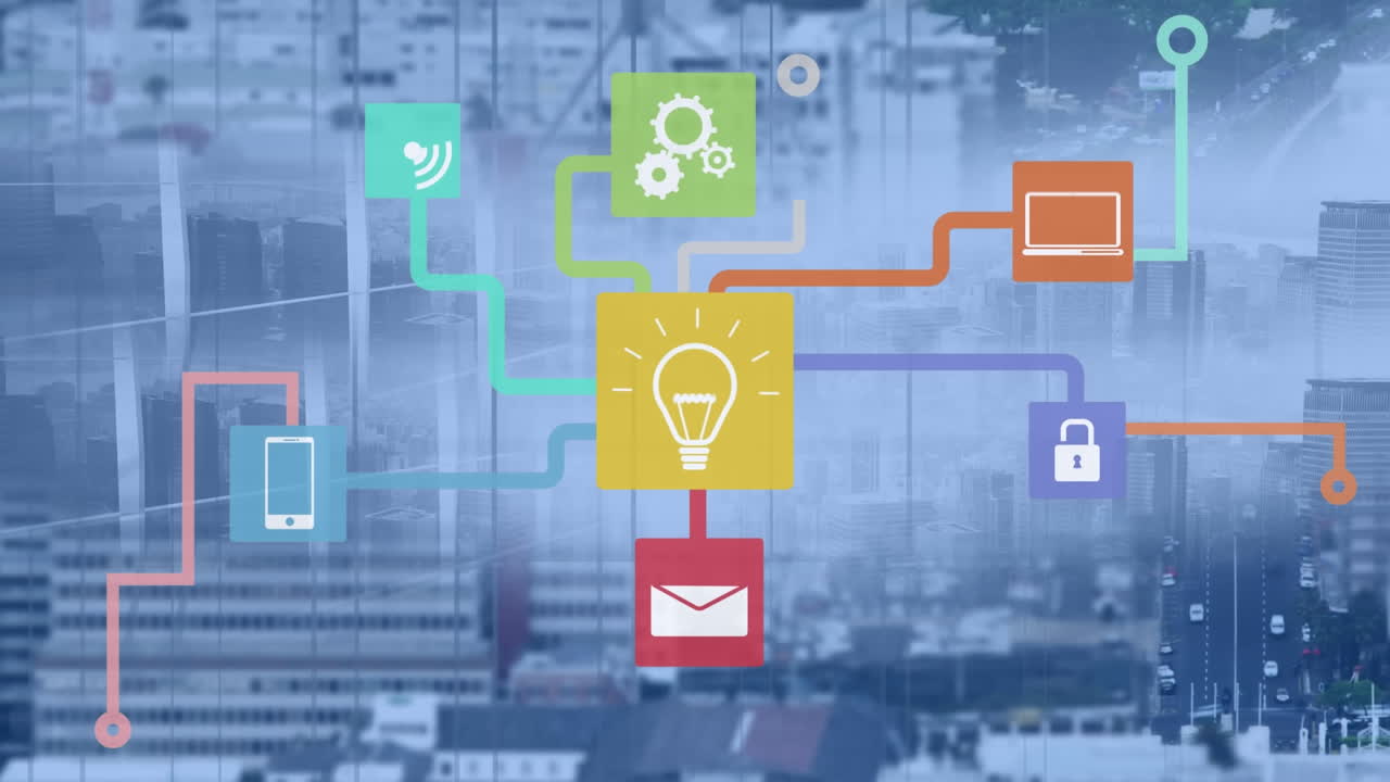 Animation of media icons over cityscape