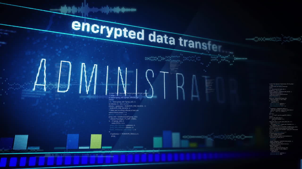 Encrypted data transfer text animation over digital graphs and charts