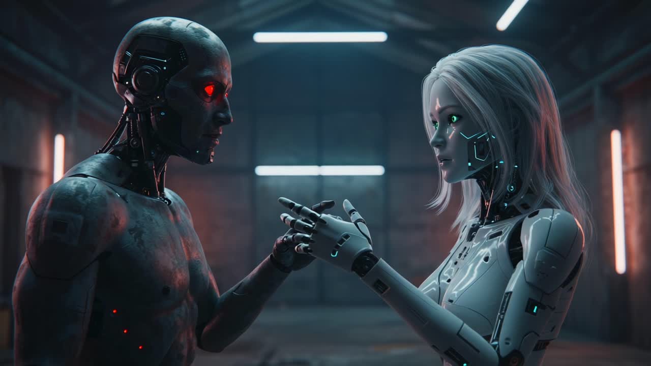 A Captivating Encounter Between Two Futuristic Androids: Exploring Emotion and Connection in a High-Tech Environment with Neon Lighting Effects