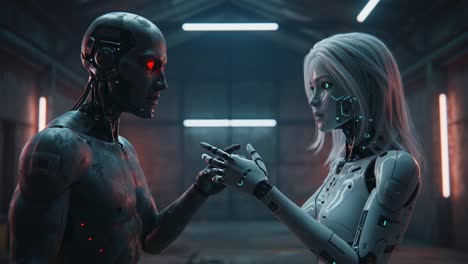 a captivating encounter between two futuristic androids: exploring emotion and connection in a high-tech environment with neon lighting effects