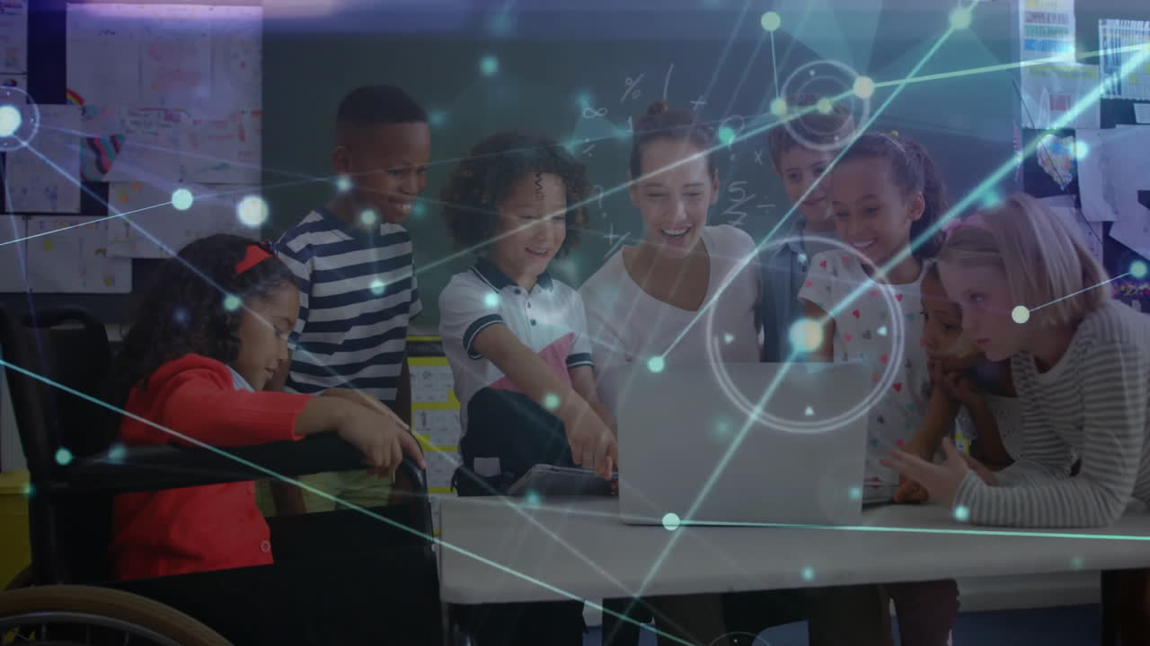 Animation of network of connections over diverse schoolchildren with female teacher using laptop