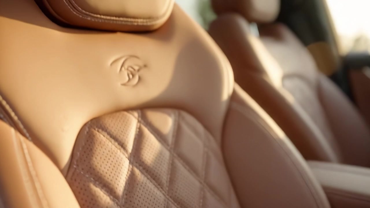 柔らかな照明に包まれた高級車の豪華なレザー内装。プレミアムな職人技と快適な機能、エレガントなデザイン、そして細部へのこだわりが際立つ。