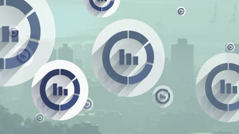 animación de múltiples iconos de gráficos de barras flotando contra la vista aérea del paisaje urbano