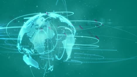 Animation-of-globe-and-purple-trails-and-network-of-connections-on-green-background