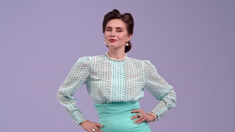 elegant woman in vintage attire displaying various gestures and expressions