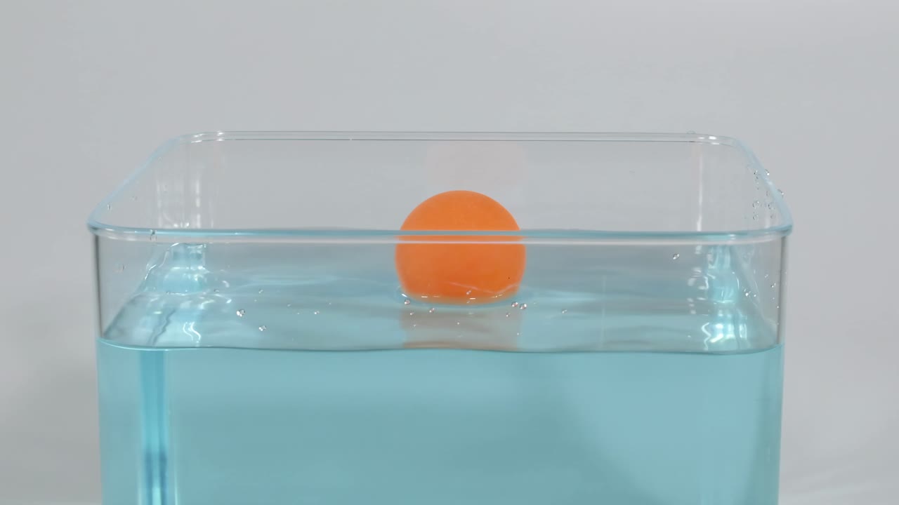 An orange ball remains afloat in a transparent container filled with water, demonstrating buoyancy.