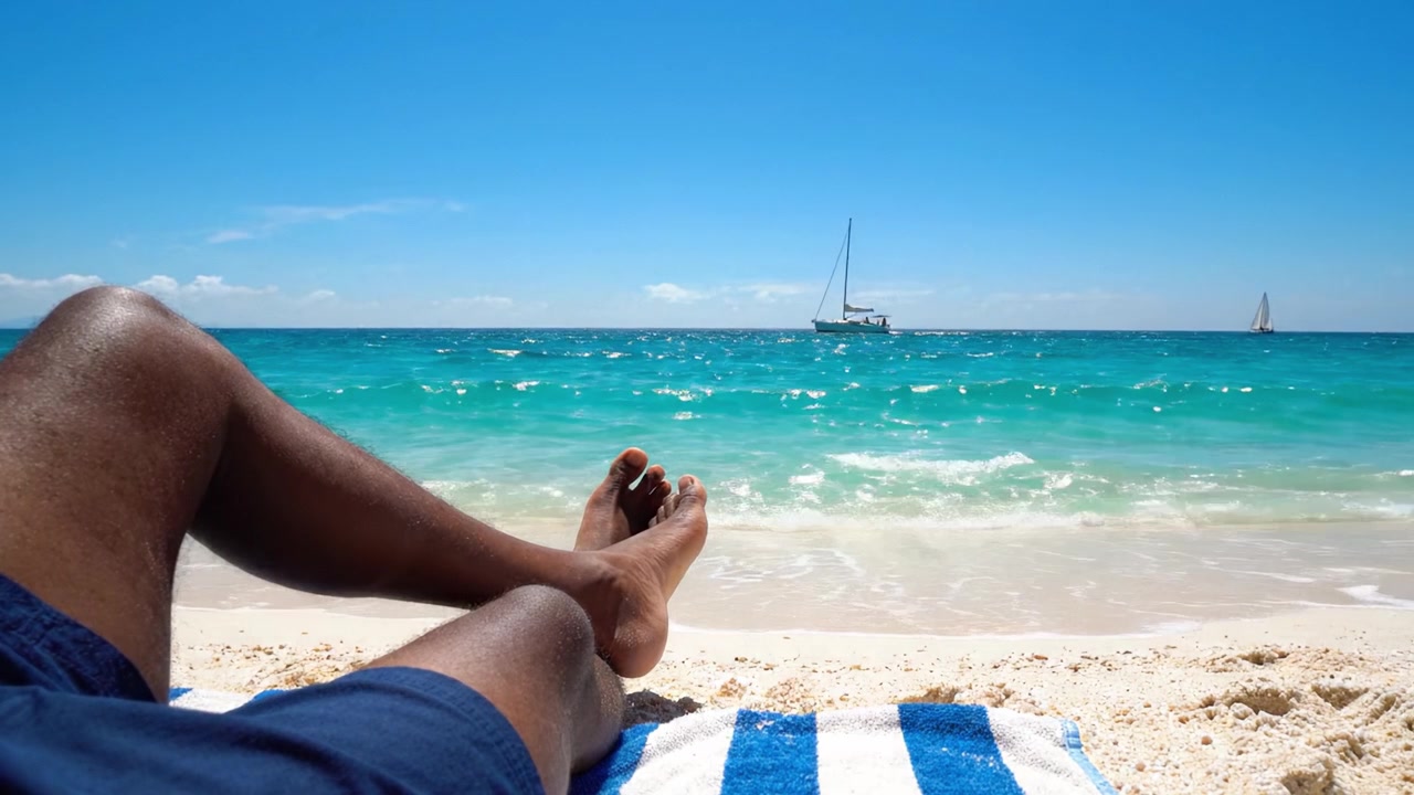 A Relaxing Day at the Beach: Enjoying the Warm Sunlight on Sand with a View of Sailing Boats in the Turquoise Waters and Clear Blue Sky