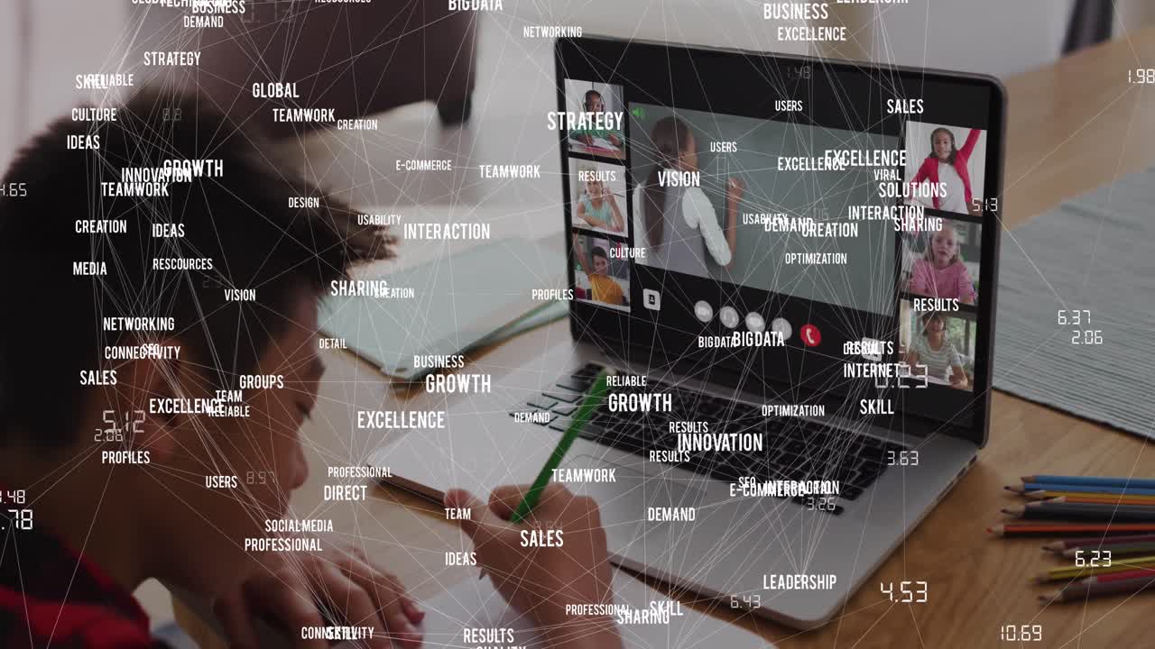Animation of network of icons and data processing over schoolboy and online schooling on laptop