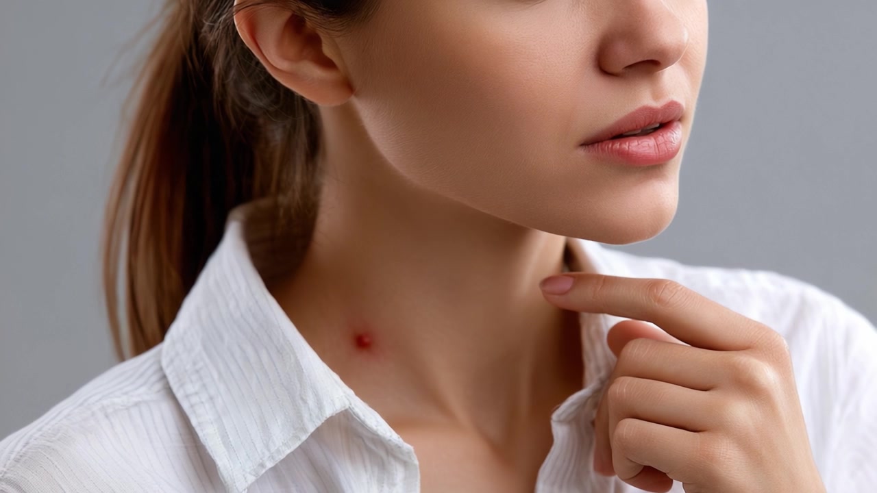 Una vista ravvicinata di una donna con espressione concentrata e un'imperfezione cutanea sul collo, evidenziando le preoccupazioni per la bellezza e la cura della pelle.