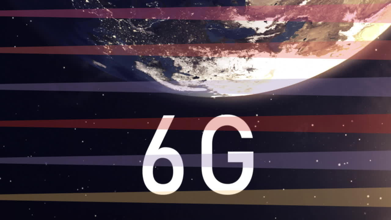 Animation of colorful horizontal lines with 6G text over Earth from space