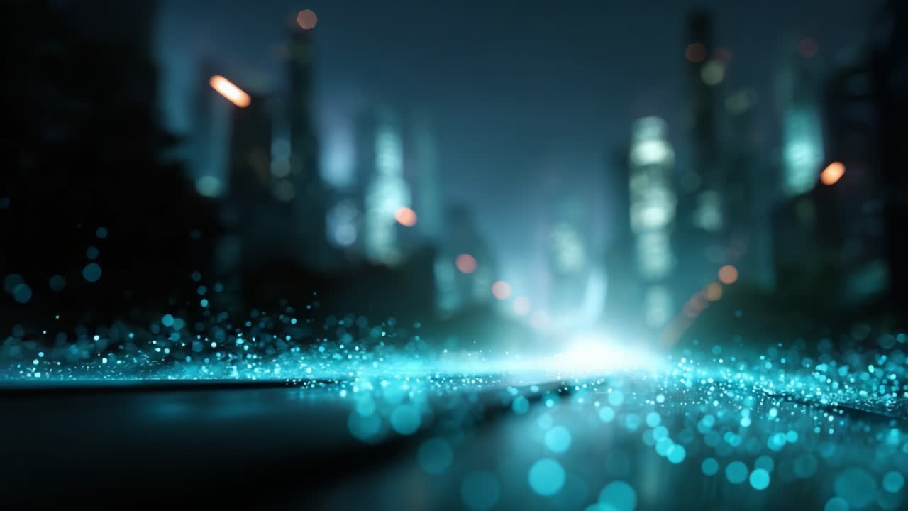 A mesmerizing blue glow in a futuristic cityscape at night, showcasing sparkling lights and a vibrant atmosphere filled with captivating energy and innovation