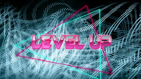 Animation-of-level-up-text-banner-against-tangled-blue-light-trails-against-black-background