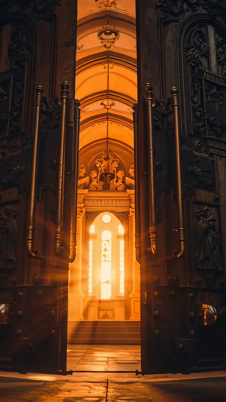 Video verticale: Cerniere che scricchiolano mentre doppie porte si aprono lentamente, rivelando la navata di una cattedrale illuminata da raggi di sole.