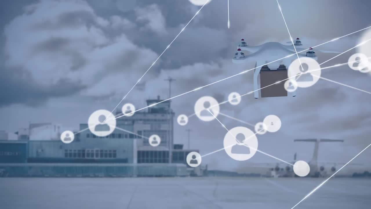 공항을 통한 패키지와 함께 드론을 통한 연결 네트워크의 애니메이션