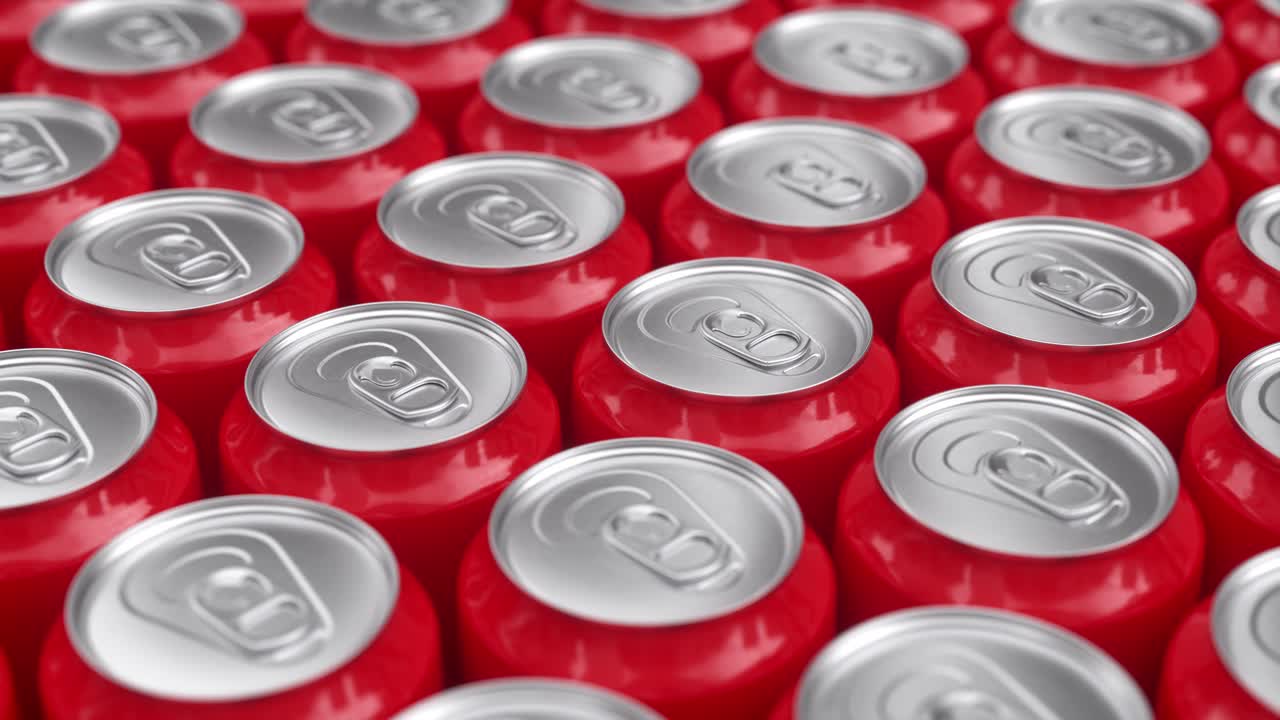 muchas latas de soda de metal de aluminio rojo. renderización de animación 3d, bucle infinito