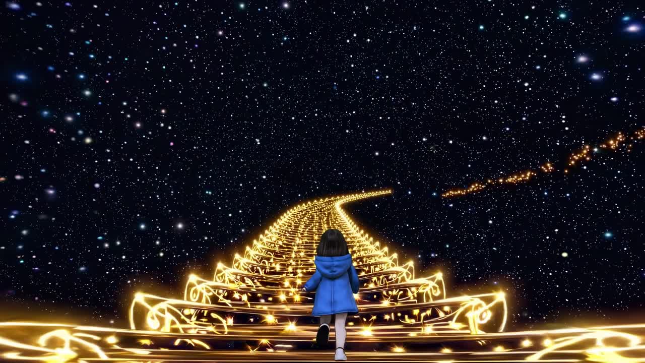 우주 어을 가로질러 어있는 애니메이션 황금 계단, 빛나는 별의 배경을 향해 하늘을 향해 는 여성 실루, 개인적인 여행과 열망의 성장을 나타니다.