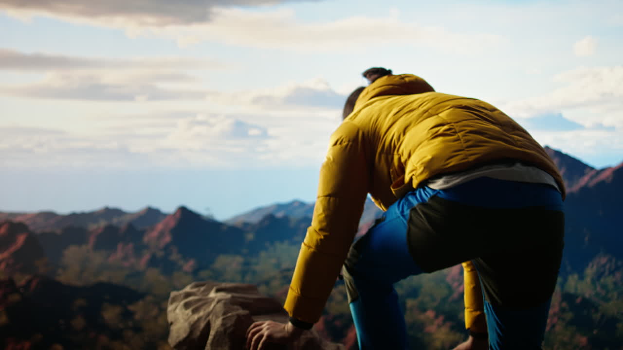 un excursionista masculino mira hacia una cordillera impresionante desde la cima de la colina