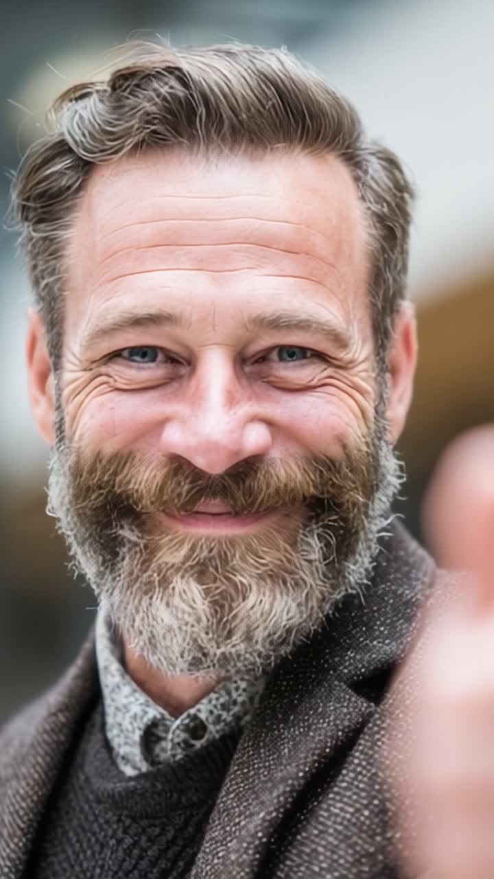 Un sorriso sincero: catturare l'espressione gioiosa di un uomo barbuto in due inquadrature distinte, mettendo in risalto la sua presenza carismatica e il suo gesto caloroso