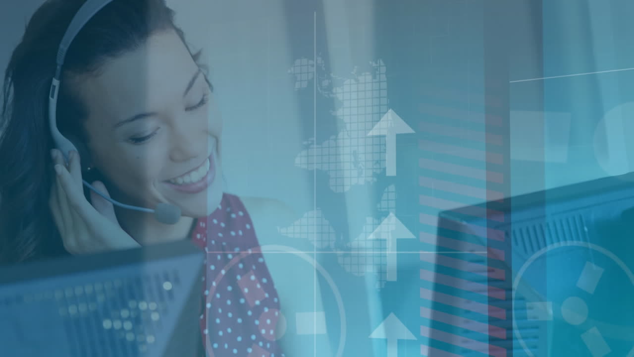 animación de iconos de flecha volando sobre una mujer usando auriculares de teléfono en casa