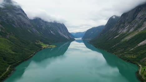 turquoise blue jolstravatn lake in sunnfjord, vestland, norway - aerial