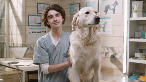 portrait of young vet and golden retriever dog in clinic