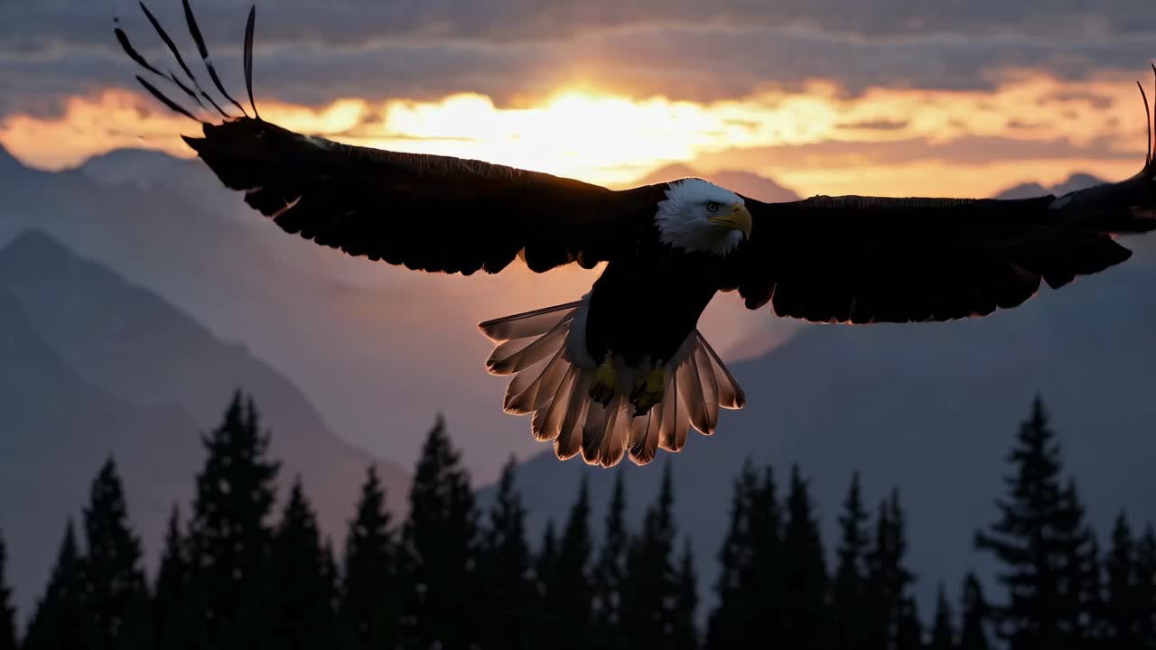 Majestic eagle soaring against a sunset backdrop, captured in a dramatic wide-angle shot