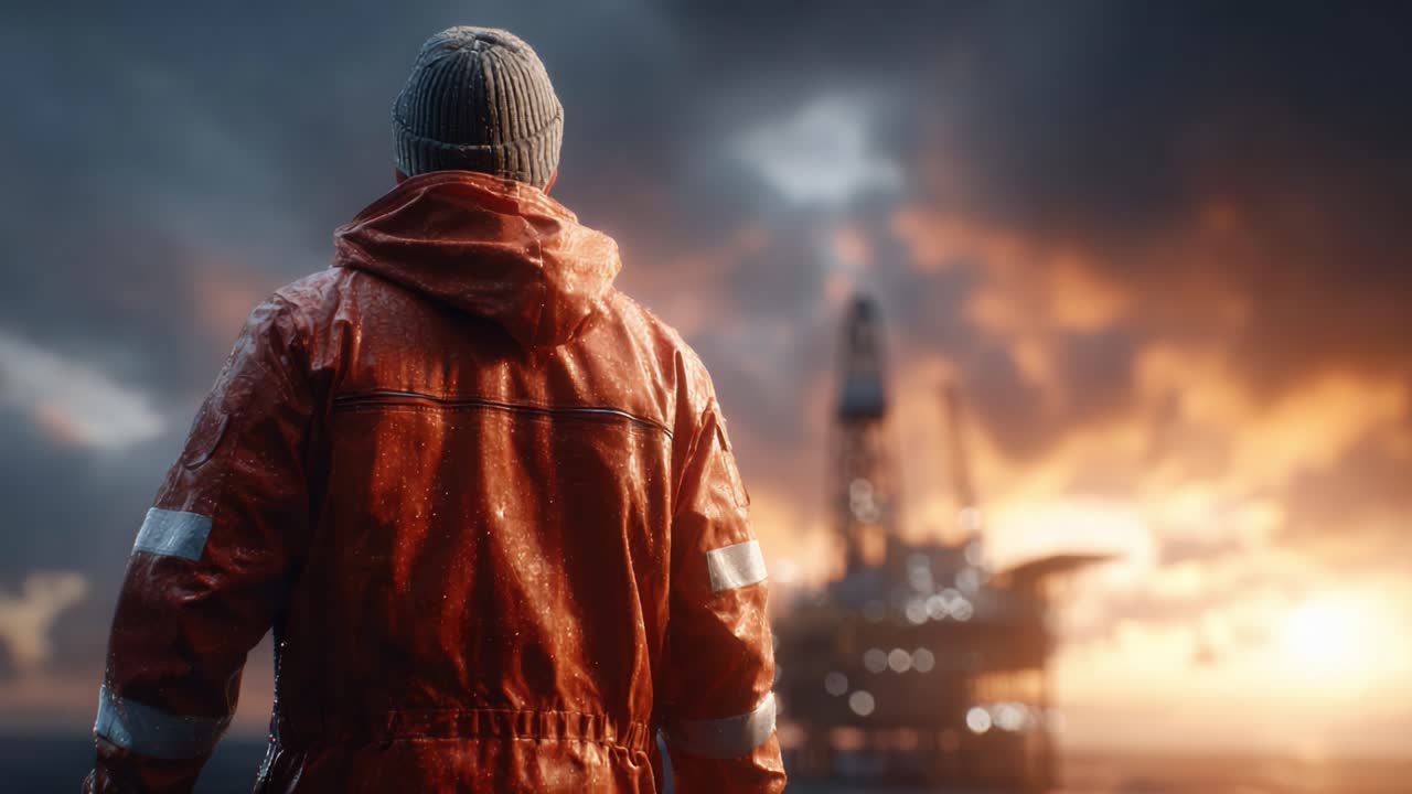 A lone figure in a rain-soaked jacket gazes into the dramatic horizon, where a distant oil rig emerges against a backdrop of fiery clouds and the setting sun