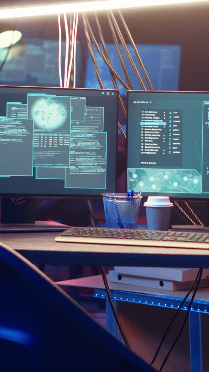 Vertical video Hacker arriving in underground base, ready to do computer sabotage