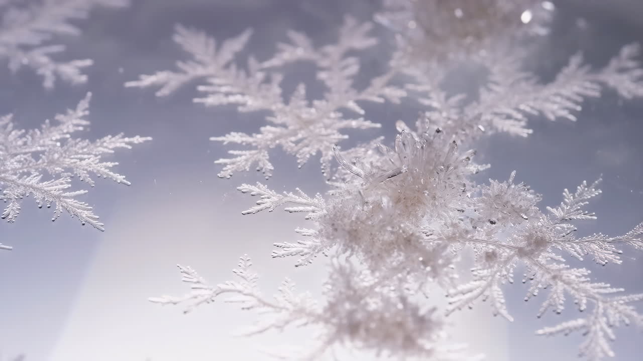 Close-up of Delicate White Snowflakes or Ice Crystals on a Reflective Surface
