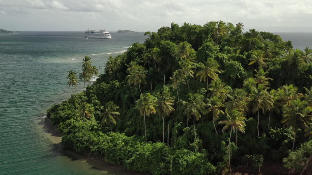toma de órbita aérea de una isla tropical con palmeras verdes y un crucero navegando en el mar caribe durante la luz del sol - bahía de samana con costa cristalina