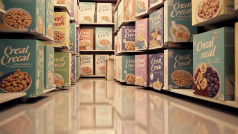 shelves filled with cereal boxes in a grocery store aisle