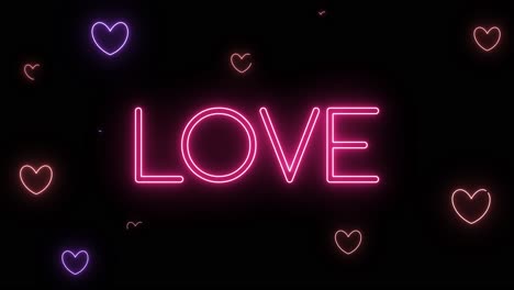 animated neon signs spelling 'love' with glowing hearts