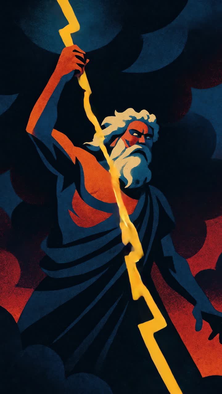 Ilustración dinámica de ángulo bajo de una figura mitológica blandiendo un rayo, ambientada contra un dramático