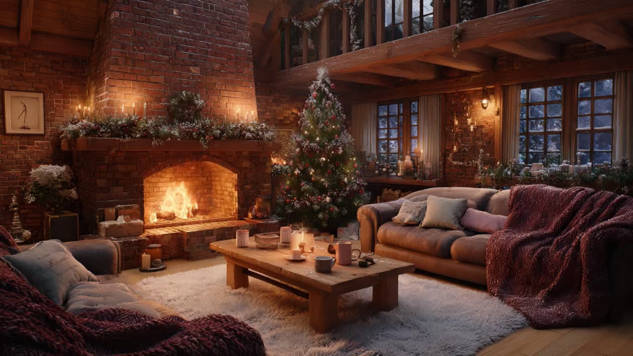 Cozy Winter Retreat: An Enchanting Living Room Adorned for the Holidays with a Glowing Fireplace, a Beautifully Decorated Christmas Tree, and a Warm, Inviting Atmosphere