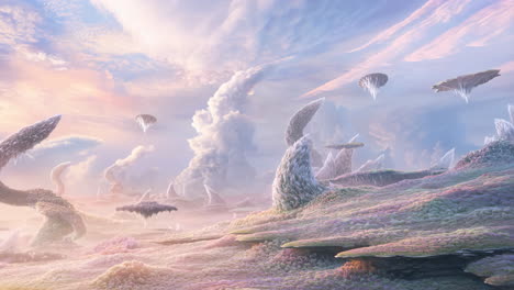 ethereal alien landscape with floating islands and pastel flora
