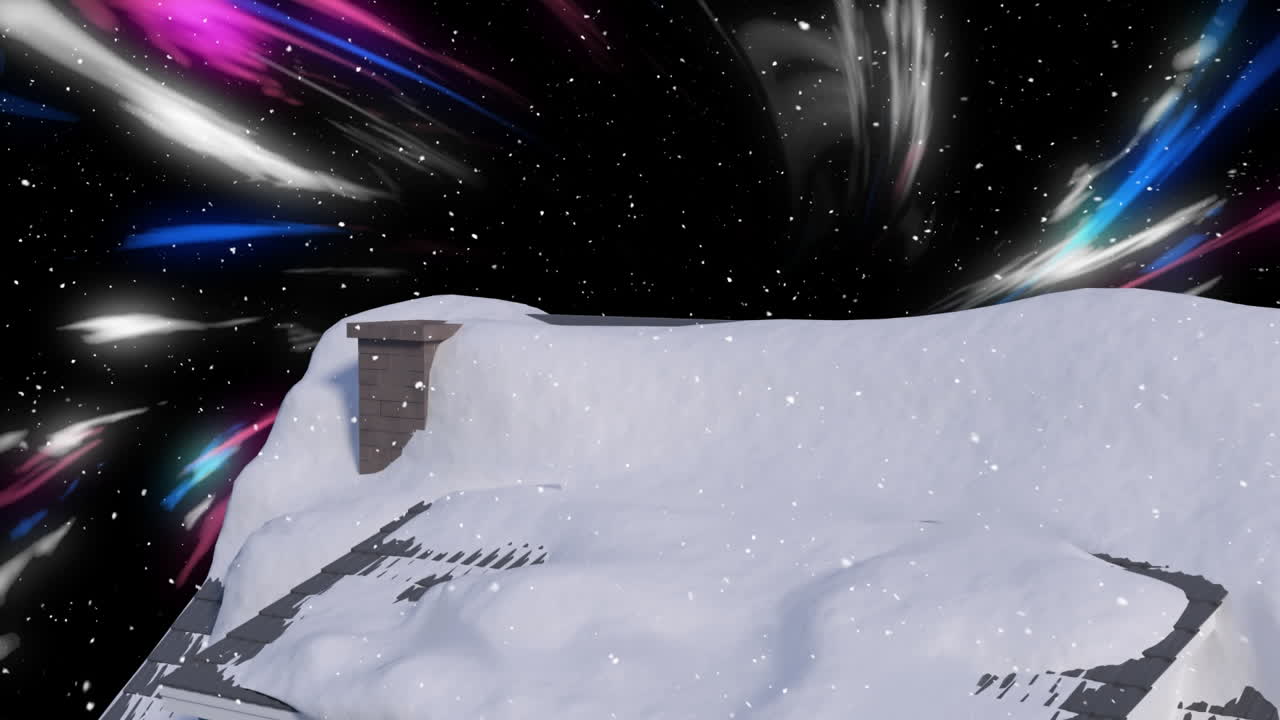 nieve cayendo sobre una casa contra rastros de luz en fondo negro