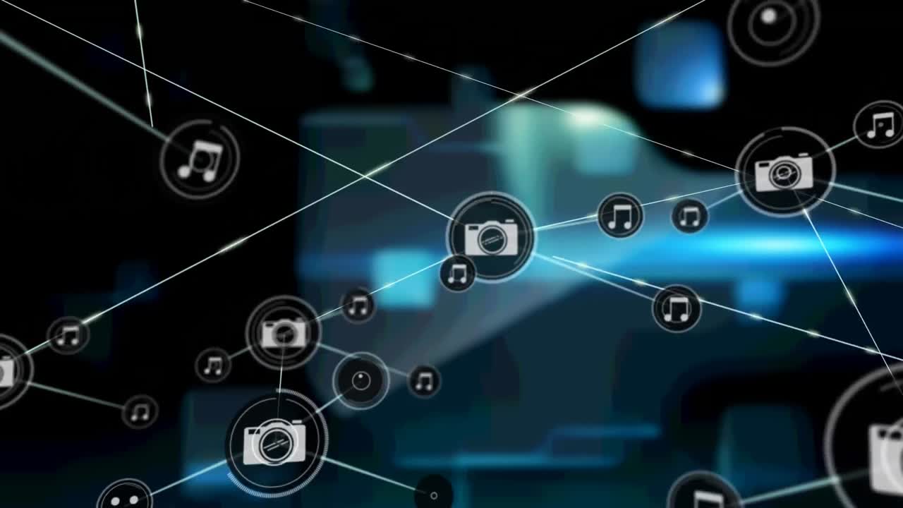 Animation of networks of connections with icons over blue screens