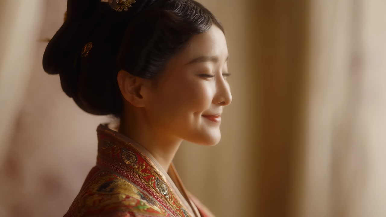Elegante donna asiatica sorridente in costume tradizionale cinese.