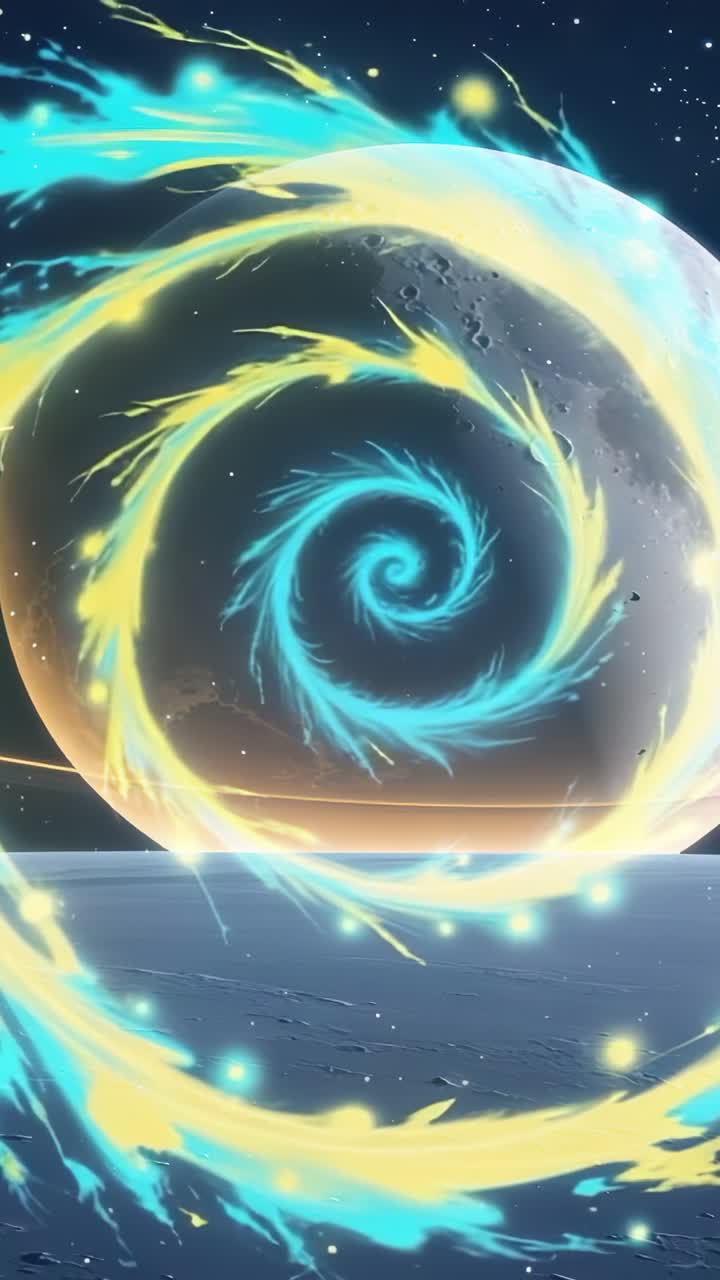 Vertical video: Emerging blue spiral and golden ring rotating above icy plain, with cratered sphere