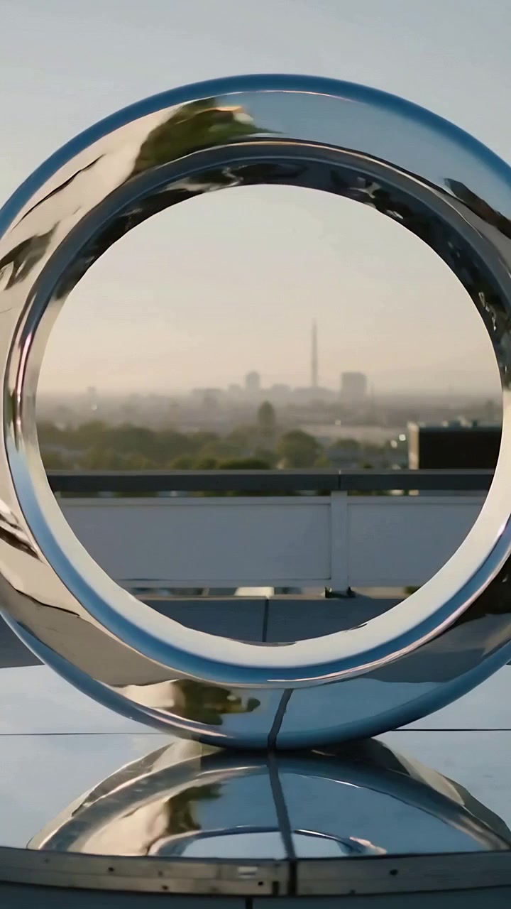 Video verticale: Telecamera in movimento che centra un anello di metallo su una base riflettente, allineando l'apertura con una torre.