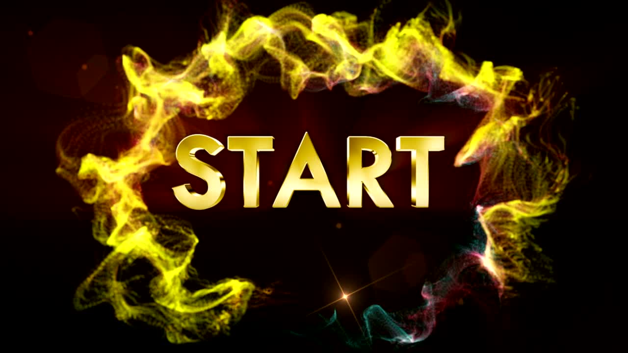 comenzar texto dorado en partículas, animación, representación, fondo, bucle