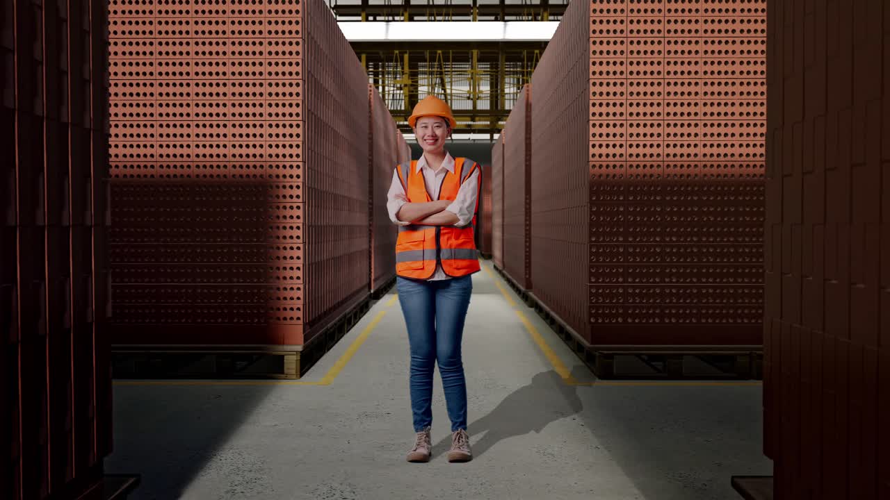 Full Body Of Asian Female Engineer With Safety Helmet Crossing Her Arms And Smiling To Camera While Standing With Red Brick Packed in Stacks Are Stored