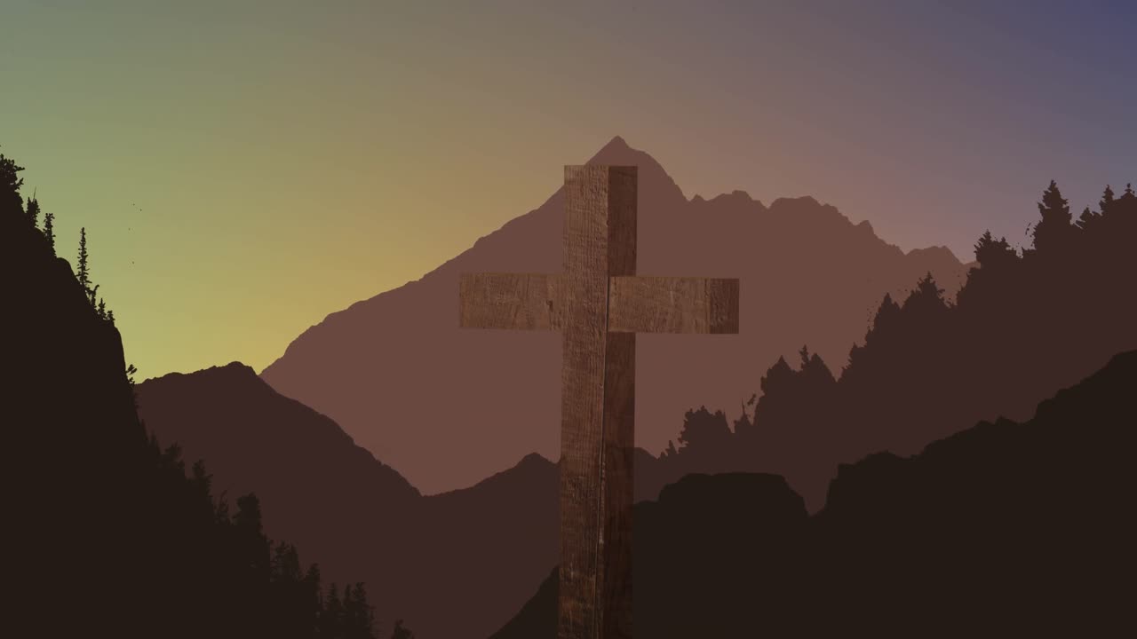 산 위에 검은 십자가 모양의 불빛의 비디오