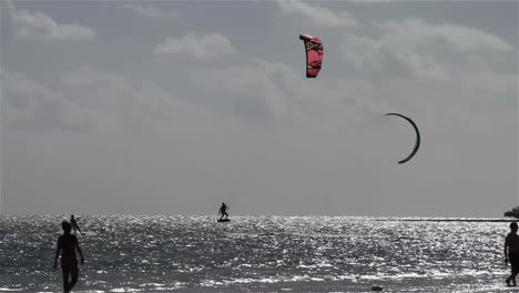 people engage in kite boarding  along a sunny coast