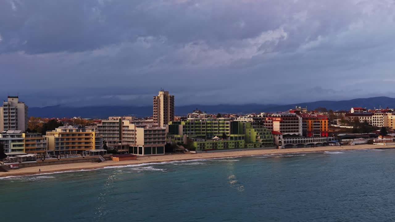 Aerial view of a Bulgarian coastal town with modern buildings