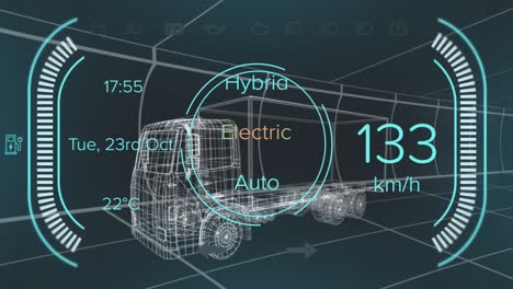 animación de un modelo 3d de coche con interfaz digital y procesamiento de datos