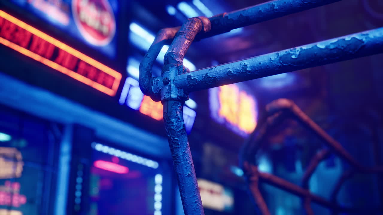 반이는 네온 조명과 함께 사이버 크 도시 풍경