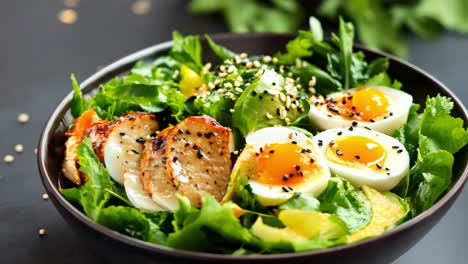fresh green salad featuring grilled chicken breast, sliced creamy avocado, and protein rich boiled eggs, garnished with nutty black sesame seeds showcasing nutritious keto friendly meal composition